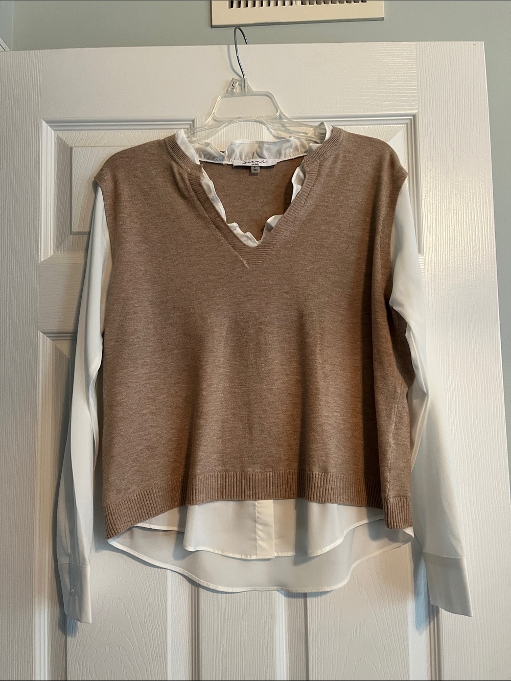 Sioni Tan Layered V-Neck Sweater Top with White Blouse Detail